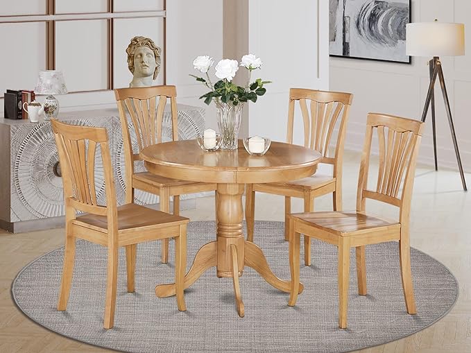 East West Furniture ANAV5-OAK-W 5 Piece Dining Room Table Set Includes a Round - Image 2