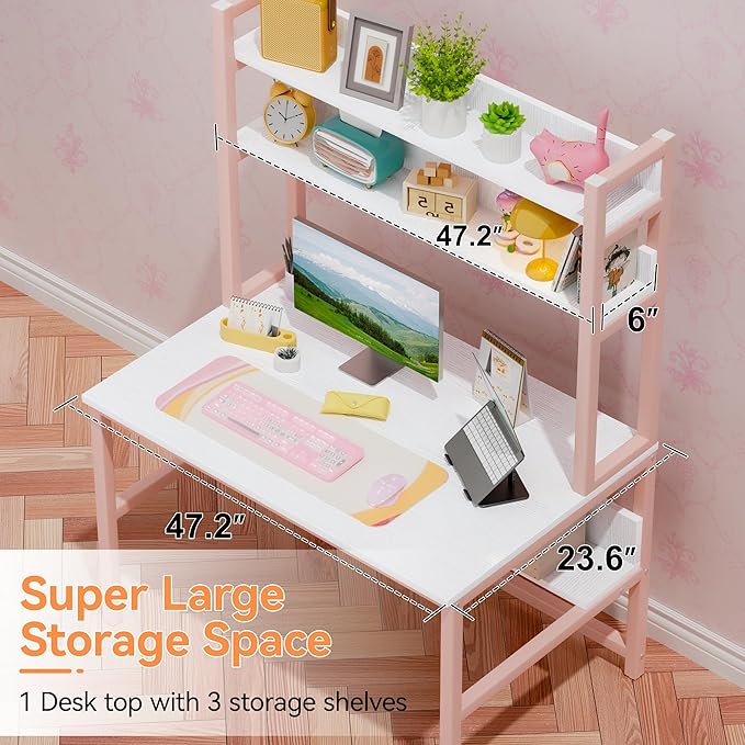 Aquzee Pink Desk with Hutch for Girls, 47in Computer Desk with Bookshelf for - Image 4