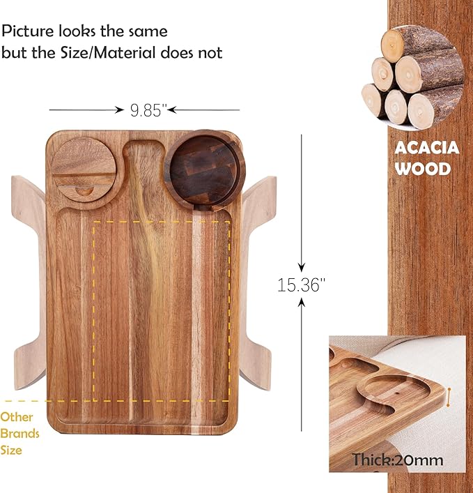 Nnewvante Couch Cup Holder Tray, 3 in 1 Large 15.36"x9.85" Acacia Wood Sofa Arm - Image 6
