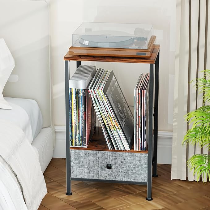 Record Player Stand with Vinyl Storage, 2-Tier Record Shelf Table with Fabric - Image 6