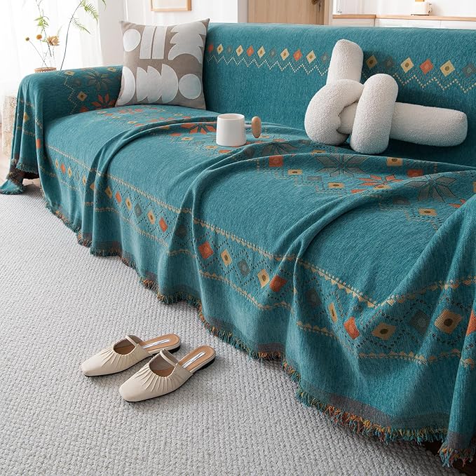 STACYPIK Green Jacquard Couch Cover Chenille Boho Sofa Covers - Image 8
