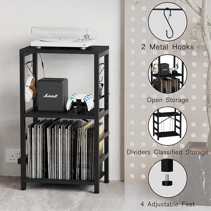 End Table with LED Light, Record Player Stand with Albums Storage, Vinyl - Image 7