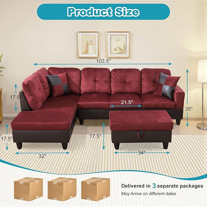 L Shaped Couch Modern Sectional Couch Upholstered Flannel Fabric 3 Pieces Sofas - Image 2