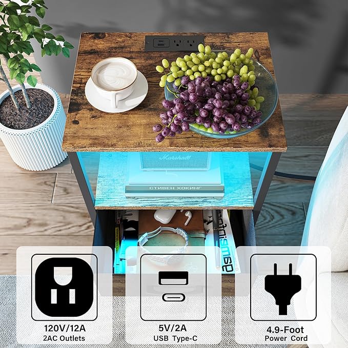 TUTOTAK LED End Table with Charging Station, Nightstand with Cloth Drawer - Image 4