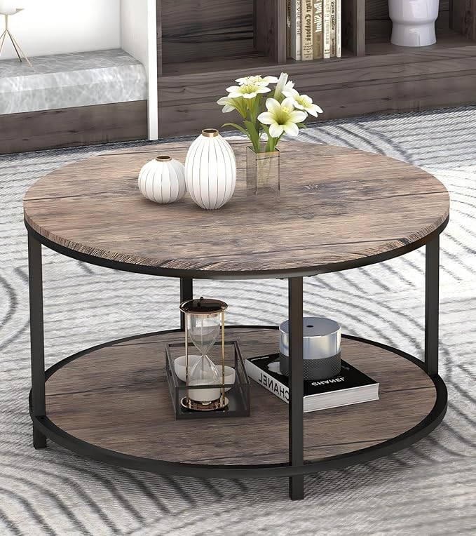 Round Coffee Table, Rustic Wooden Surface Top & Sturdy Metal Legs Industrial - Image 3