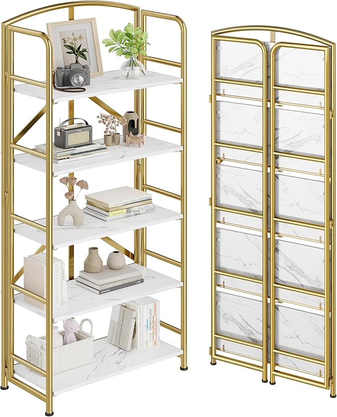 No-Assembly Folding Gold Bookshelf Storage Shelves 5 Tiers Vintage by THKKYHomeOfficeFurniture