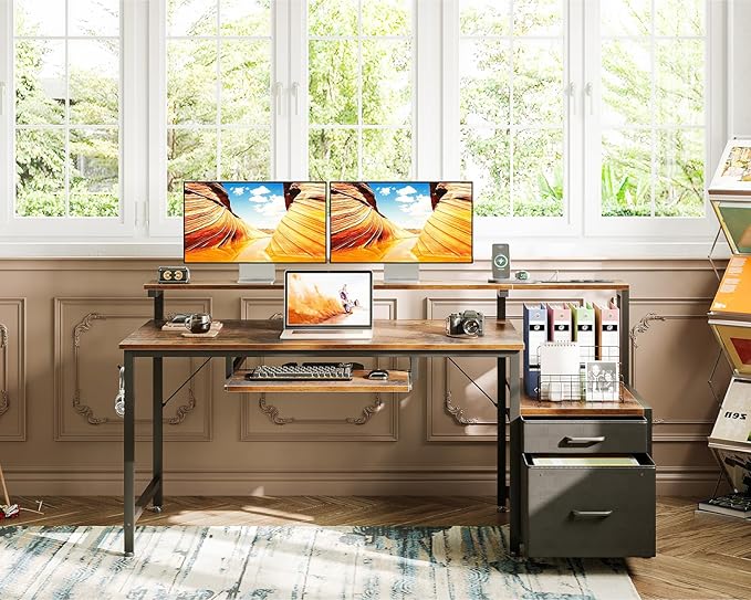 AODK Computer Desk with Drawers and Keyboard Tray, Reversible Study Work Desk - Image 9