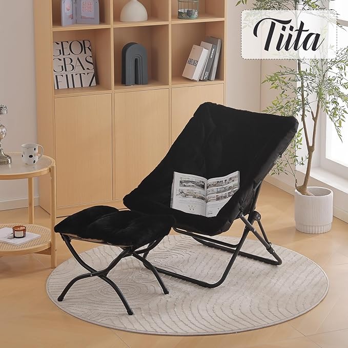 Tiita Folded Chair with Ottoman, Soft Faux Fur Oversized Folding Accent Chair - Image 6