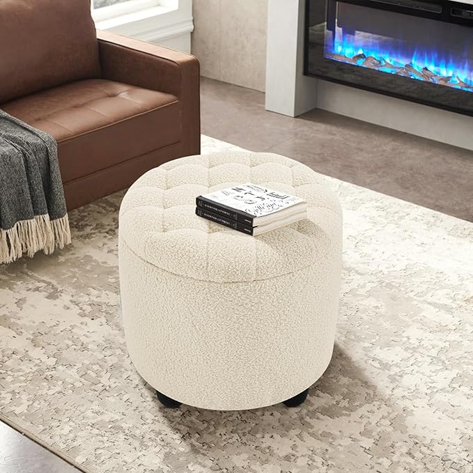Furniliving Modern Round Storage Ottoman, Button Tufted Ottoman Foot Stools - Image 3