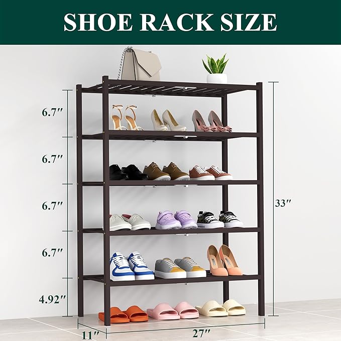 Smiry Shoe Rack, 5 Tier Thick Bamboo Shoe Organizer, Stackable Free Standing - Image 2
