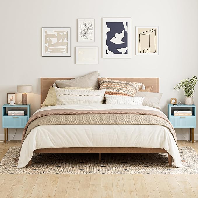 Masupu Nightstand with Charging Station, Mid-Century Modern Bedside Table with - Image 9