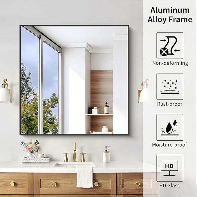 KOCUUY 36x36 Inch Large Black Wall Mounted Mirror, Aluminum Framed Decorative - Image 3