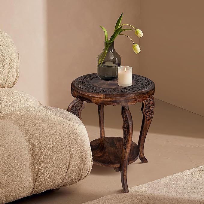 The Wooden Town Farmhouse Round Accent End Table, Rustic Side Table Nightstands - Image 9