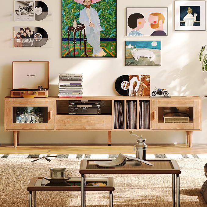 LINSY 70" TV Stand for TVs up to 80 Inch, Mid Century Modern Entertainment - Image 3