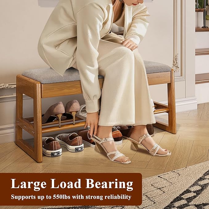 Shoe Rack Bench with Cotton-Linen Cushion 2-Tier Wooden Storage Bench 550lbs - Image 5