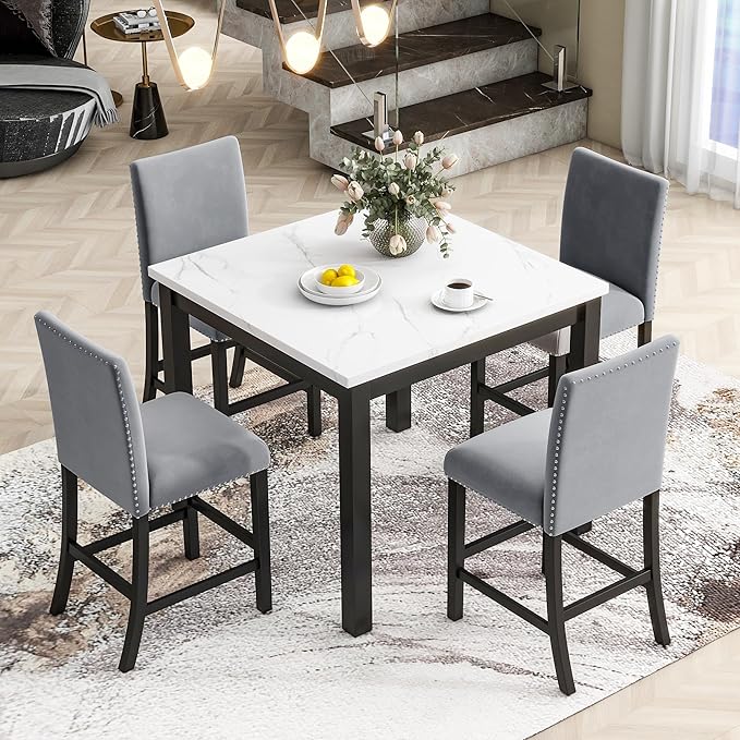 5 Pieces Dining Table Set with 35" Rectangle Faux Marble Top Table, Living Room - Image 4