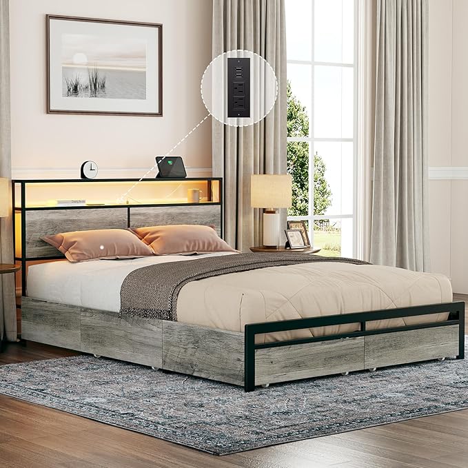 Queen Size Bed Frame with Storage Headboard and 4 Drawers LED Lighting Sturdy - Image 3