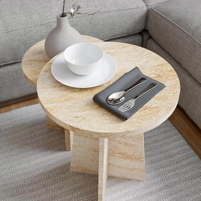 Travertine Efect Round Nesting Coffee Table Set of 2 Modern Coffee Table Small - Image 4