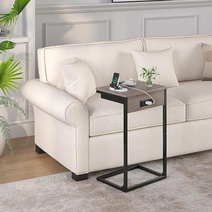 C Shaped End Tables with Charging Station, 45° Tiltable Adjustable Flip Top - Image 6