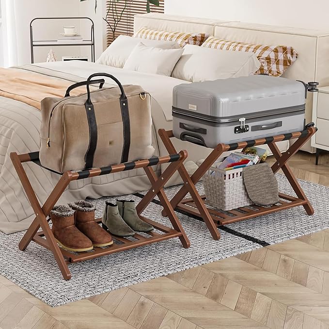 Fully Assembled Walnut Luggage Racks Set of 2, 5 Nylon Straps Folding Suitcase by SmartFENDEE