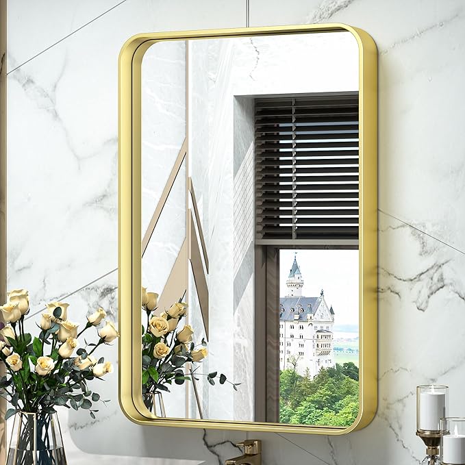 TokeShimi 16x24 Gold Bathroom Wall Mirror Vanity Metal Frame Round Corner by RefinedBathroomAccessories