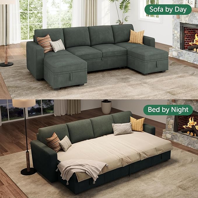 HONBAY Modular Sectional Sleeper Sofa Bed, Corduroy Pull Out Couch - Image 3