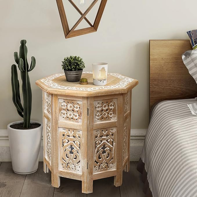 The Wooden Town Side Tables– Hand Carved Vintage Boho Folding End Tables - Image 7