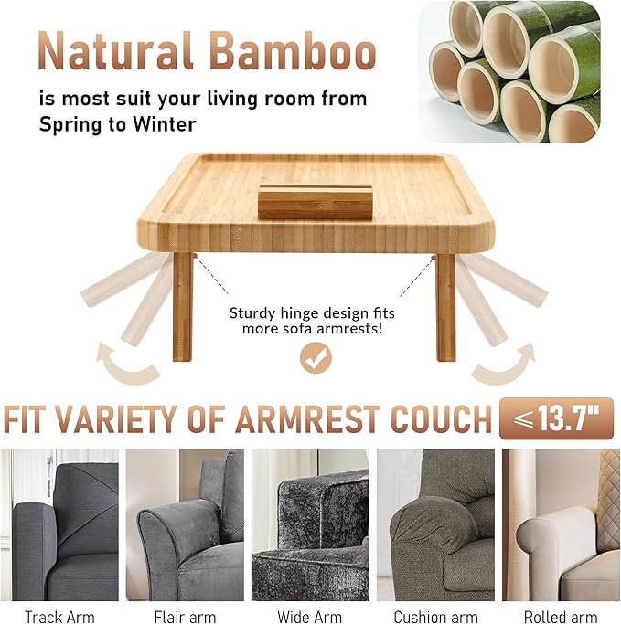 SINWANT Couch Arm Tray, Bamboo Sofa Clip on Side Table, Foldable Couch Armrest - Image 3