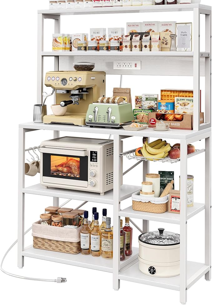 SUPERJARE Bakers Rack with Power Outlet, 35.4 Inches Coffee Bar with Wire Basket by SUPERJARE
