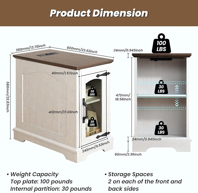 End Tables Set of 2 with Charging Station, 13.8"W Narrow Side Table with Storage - Image 3