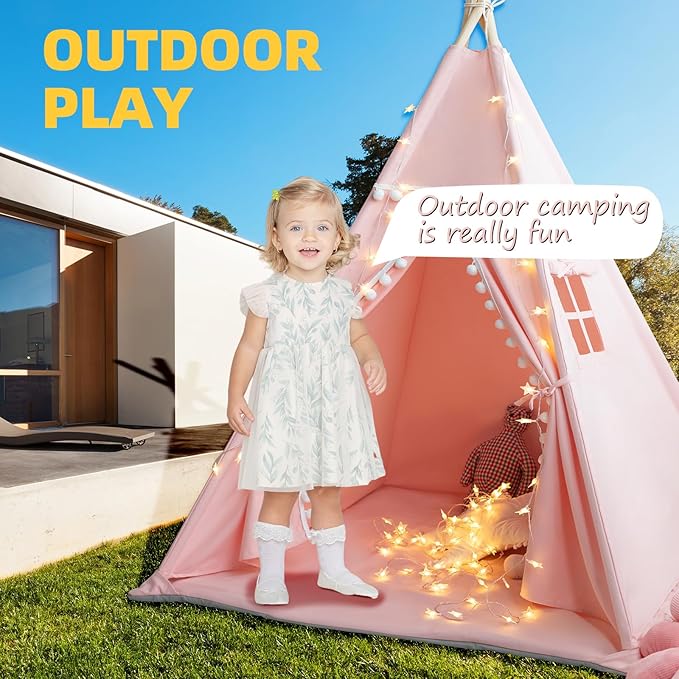 Teepee Tent for Kids with Mat, Star Lights, Carry Case, Cotton Canvas Playhouse - Image 7