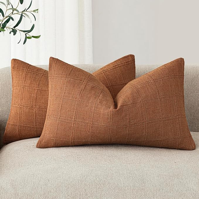 Foindtower Set of 2 Decorative Linen Check Throw Pillow Covers Neutral by Foindtower