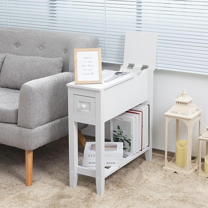 White End Table with Movable Top and Charging Station, Narrow Side Table with - Image 5