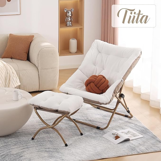 Tiita Folded Chair with Ottoman, Soft Faux Fur Oversized Folding Accent Chair - Image 2