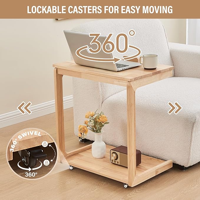 CozyDH Adjustable C Shaped End Table, Solid Wood Rolling Side Table, TV Sofa - Image 3