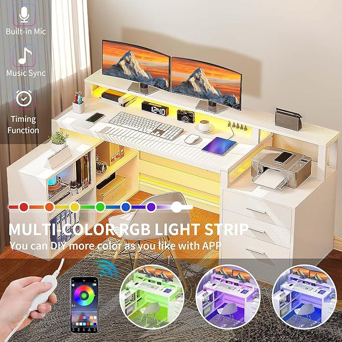 DWVO L Shaped Desk with Drawers, Corner Home Office Desk with Storage Shelves & - Image 3