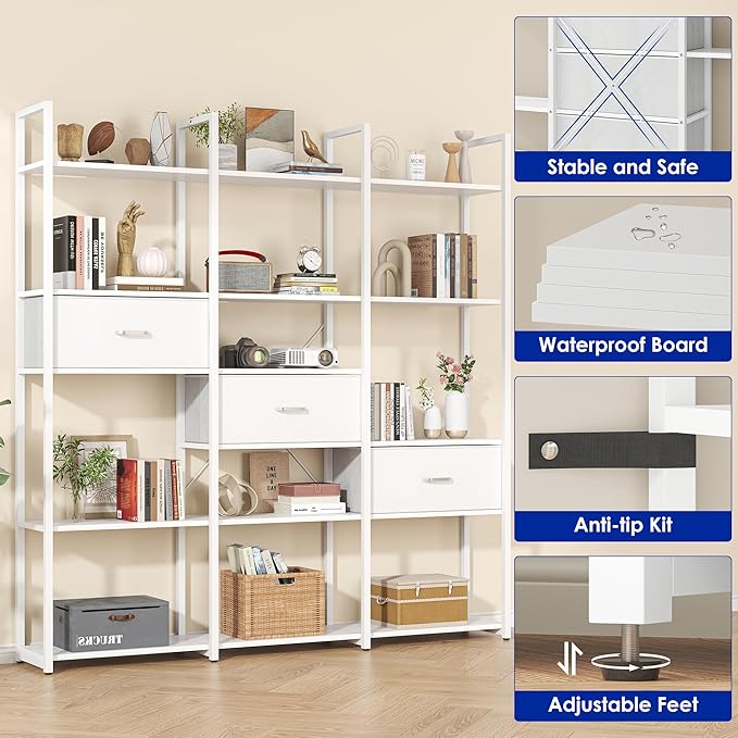 73.6" Tall Bookshelf with 3 Drawers and 16 Storage Shelves, Industrial Bookcase - Image 7