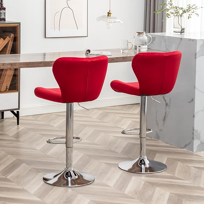 Roundhill Furniture Ellston Velvet Adjustable Swivel Barstools in Red - Image 4