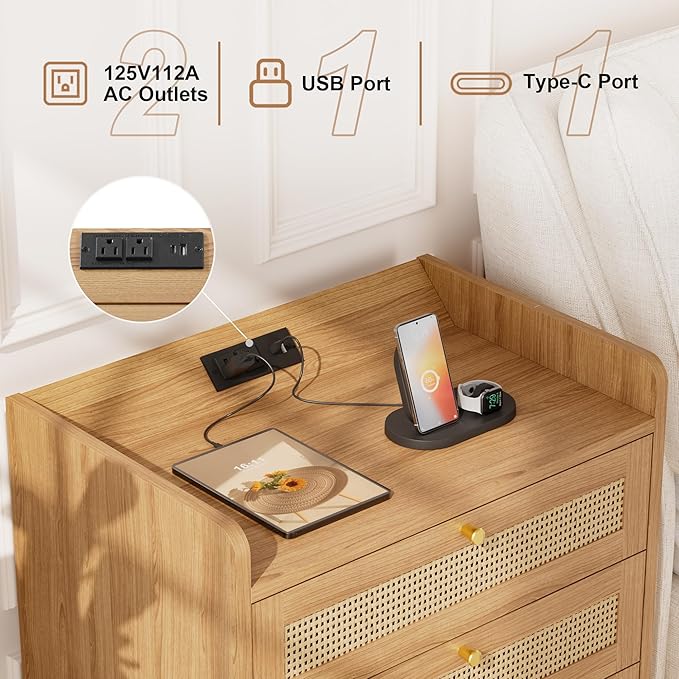 Rattan Nightstand with Charging Station, Night Stand with 3 Large Drawers - Image 3