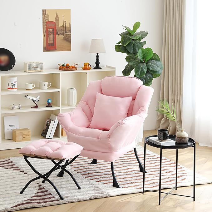 Lazy Chair with Ottoman, Comfy Reading Lounge Chair with Footstool & Throw - Image 2