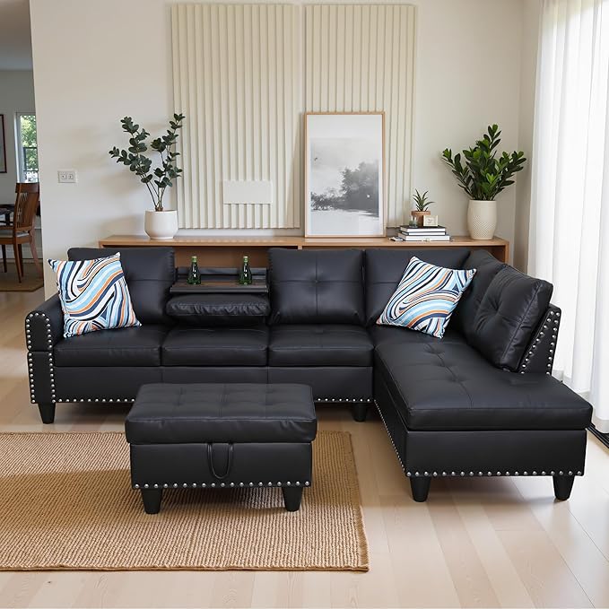 Osparple L Shaped Couch Faux Leather Sectional Couch Upholstered 3 Pieces Sofas by Unknown