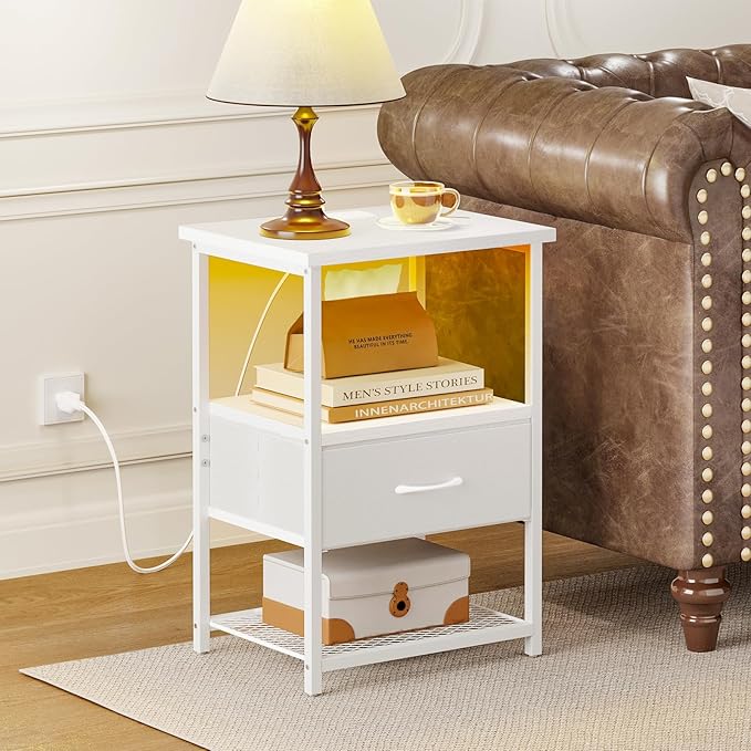 Fixwal Night Stand with Charging Station, LED Nightstand with Fabric Drawers - Image 7
