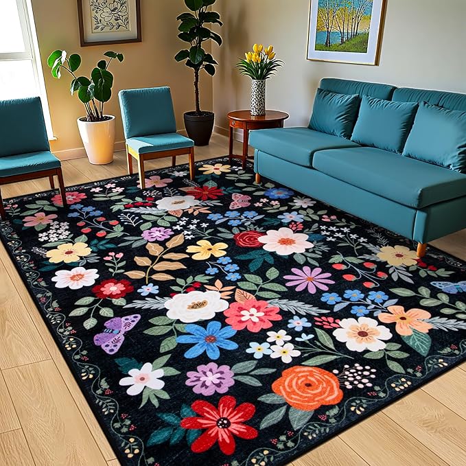 8x10 Area Rugs for Living Room: Washable Rug Vintage Large Soft Boho Floral - Image 2