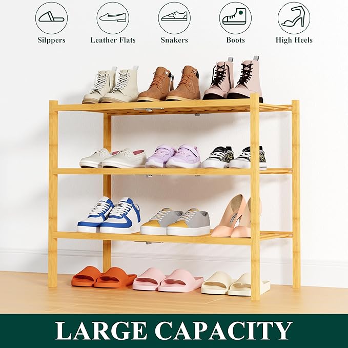 Smiry Shoe Rack, 3 Tier Thick Bamboo Shoe Organizer, Stackable Free Standing - Image 6