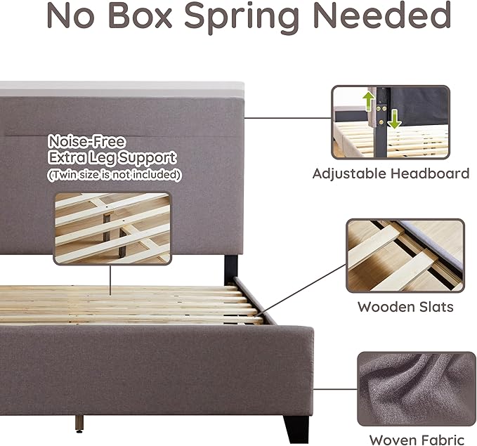 Livinia Amelia Twin Size Platform Bed, Fabric Upholstered Twin Bed Frame - Image 3