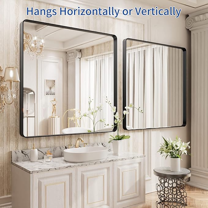 WEER 36X36 Inch Black Metal Framed Bathroom Mirror, Matte Black Bathroom Vanity - Image 5