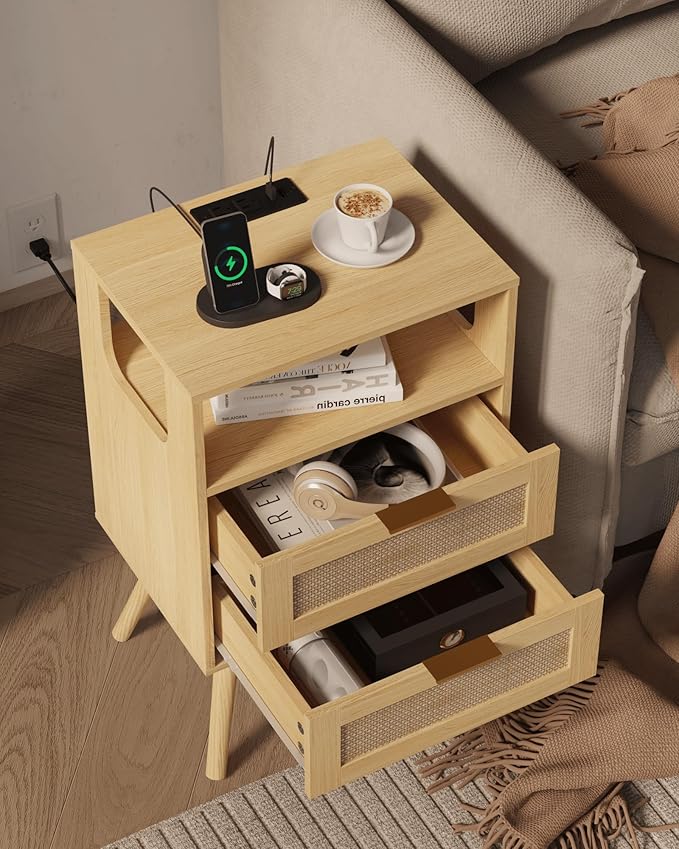 Rattan Nightstand with Charging Station, Modern Bedside Table with 2 Storage - Image 4