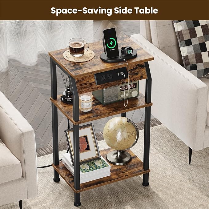 Tall Side Table with Storage, 3-Tier Small End Table with Charging Station - Image 5