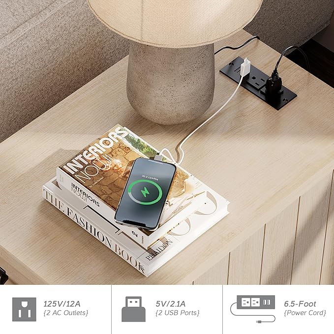 WAMPAT Beige End Table with Charging Station, Wooden Side Table with Storage - Image 5