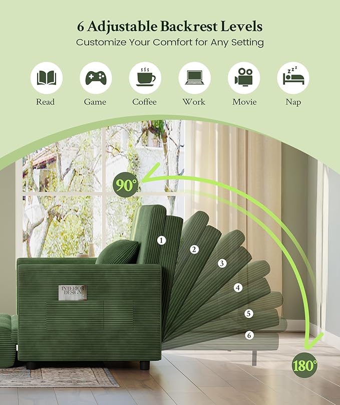 53” Convertible Sofa Bed Couch, Corduroy Couch Bed, 6-Position Loveseat Sleeper - Image 3